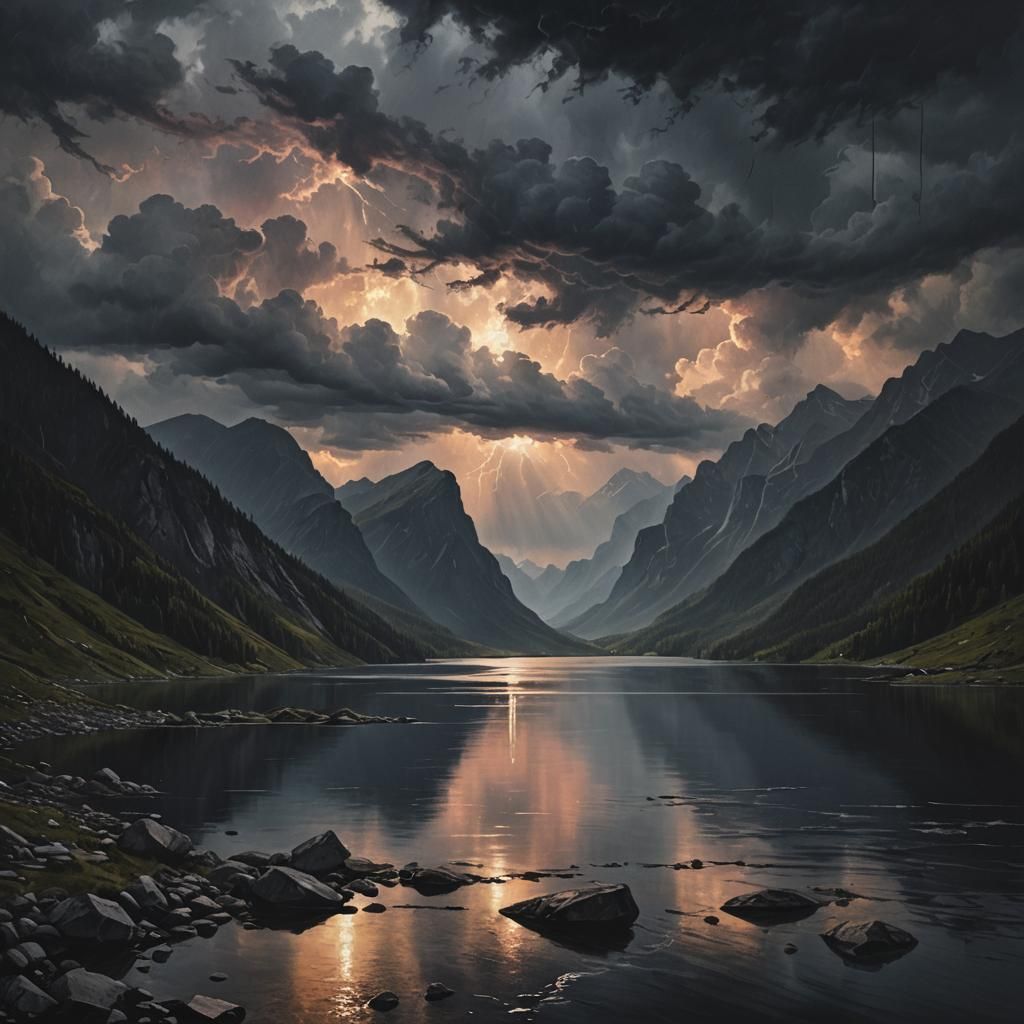 Stormy Sunset Over Dark Mountain Lake