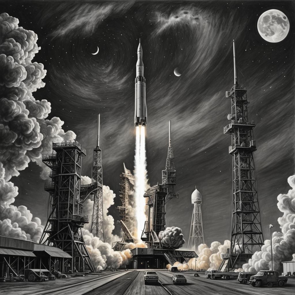 Dramatic Rocket Launch at Night: Charcoal Drawing