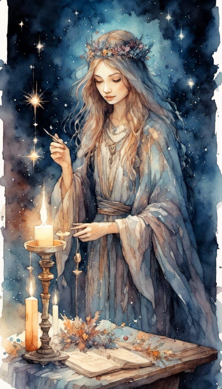 the Magician tarot card, magical and mystical atmosphere, wooden table adorned with magical tools—a wand, chalice, sword...
