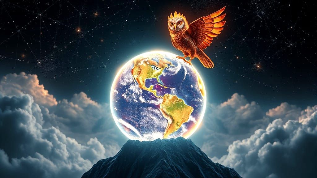 Steampunk Owl on Cloudy Summit with Glowing Globe