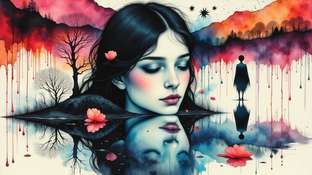 Dreamlike Woman in Melting Landscape with Ink Effects