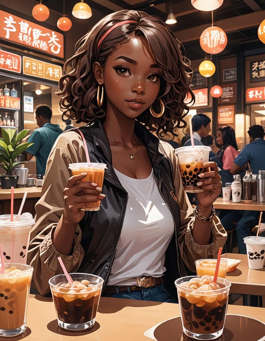 Cute Girl Drinking Bubble Tea in Anime Style