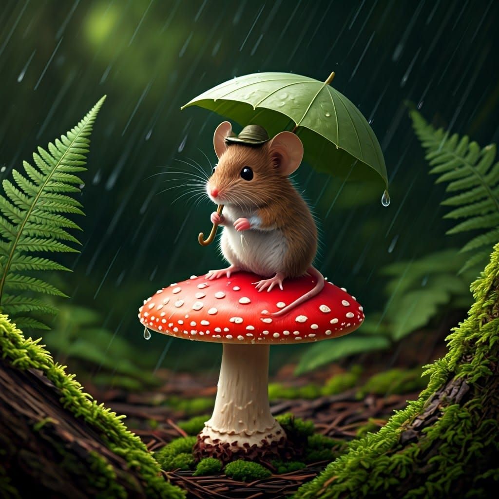 Whimsical Mouse Emerges Under a Rainy Emerald Forest Canopy