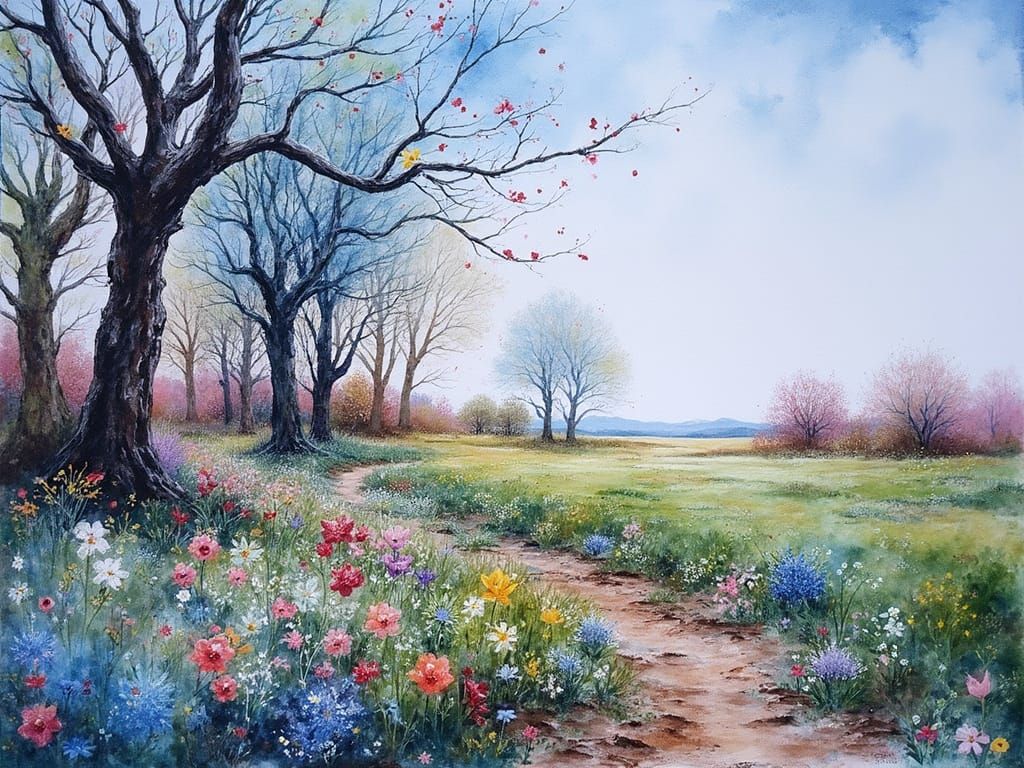 Dreamlike Watercolor Landscape of Blooming Spring Flowers