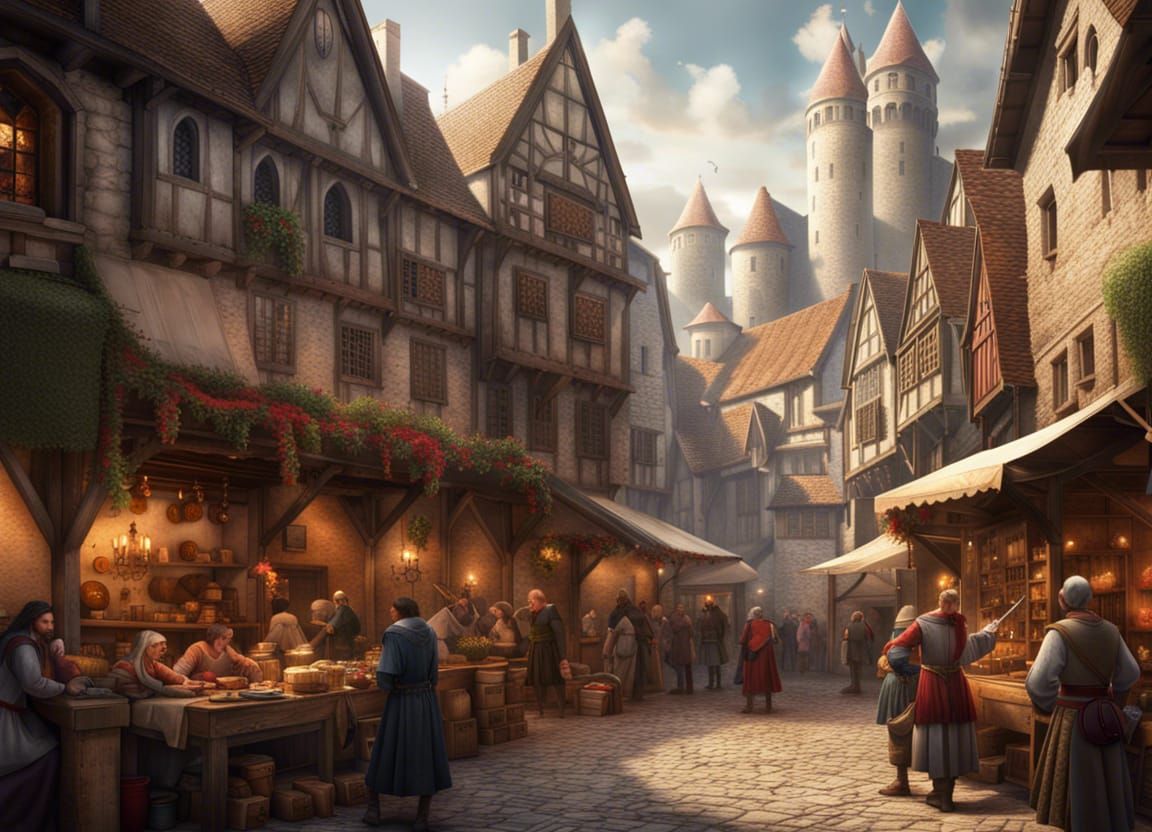 Bustling Medieval Marketplace with Castle Backdrop