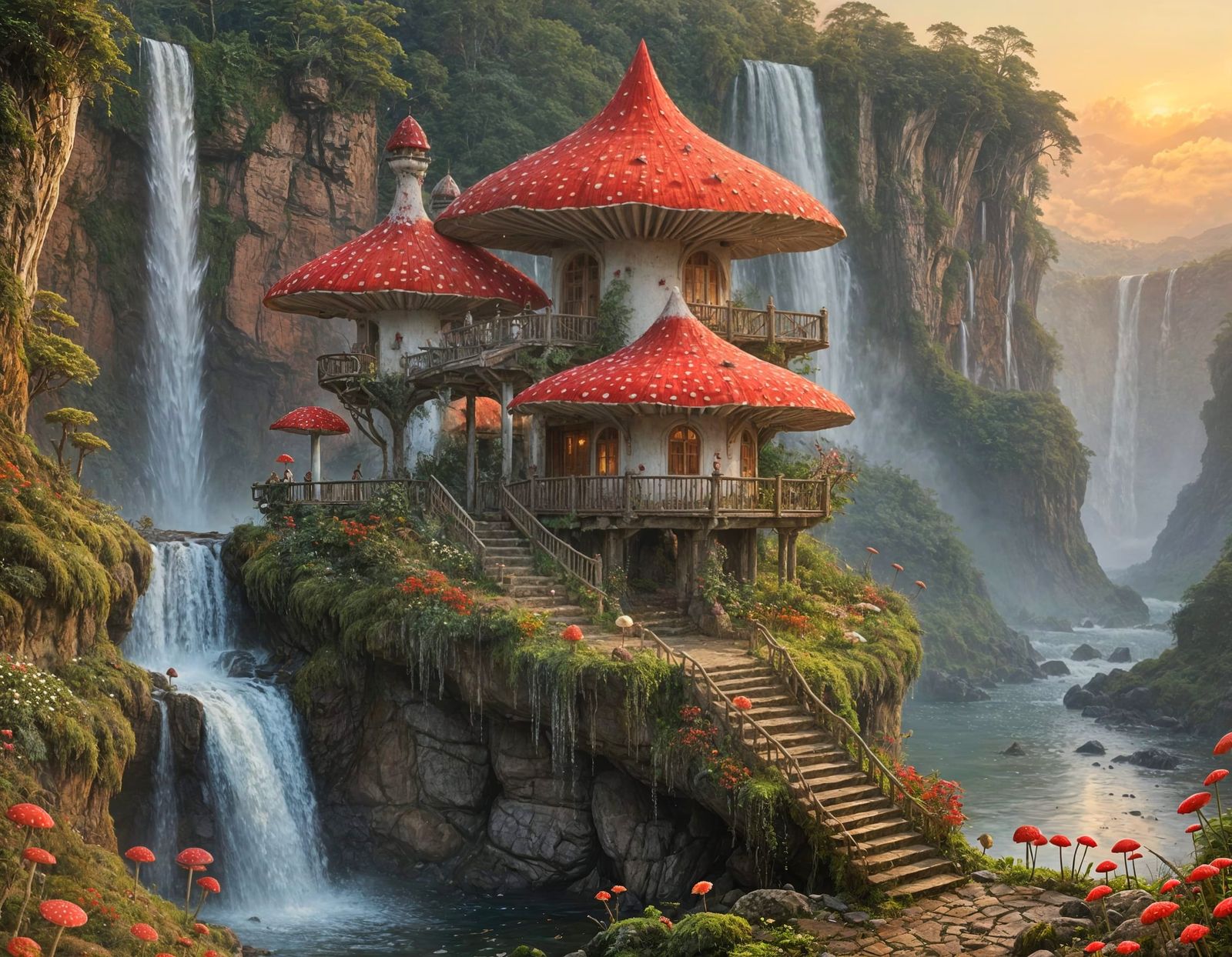 Ethereal Amanita Muscaria Estate in Sunset Splendor