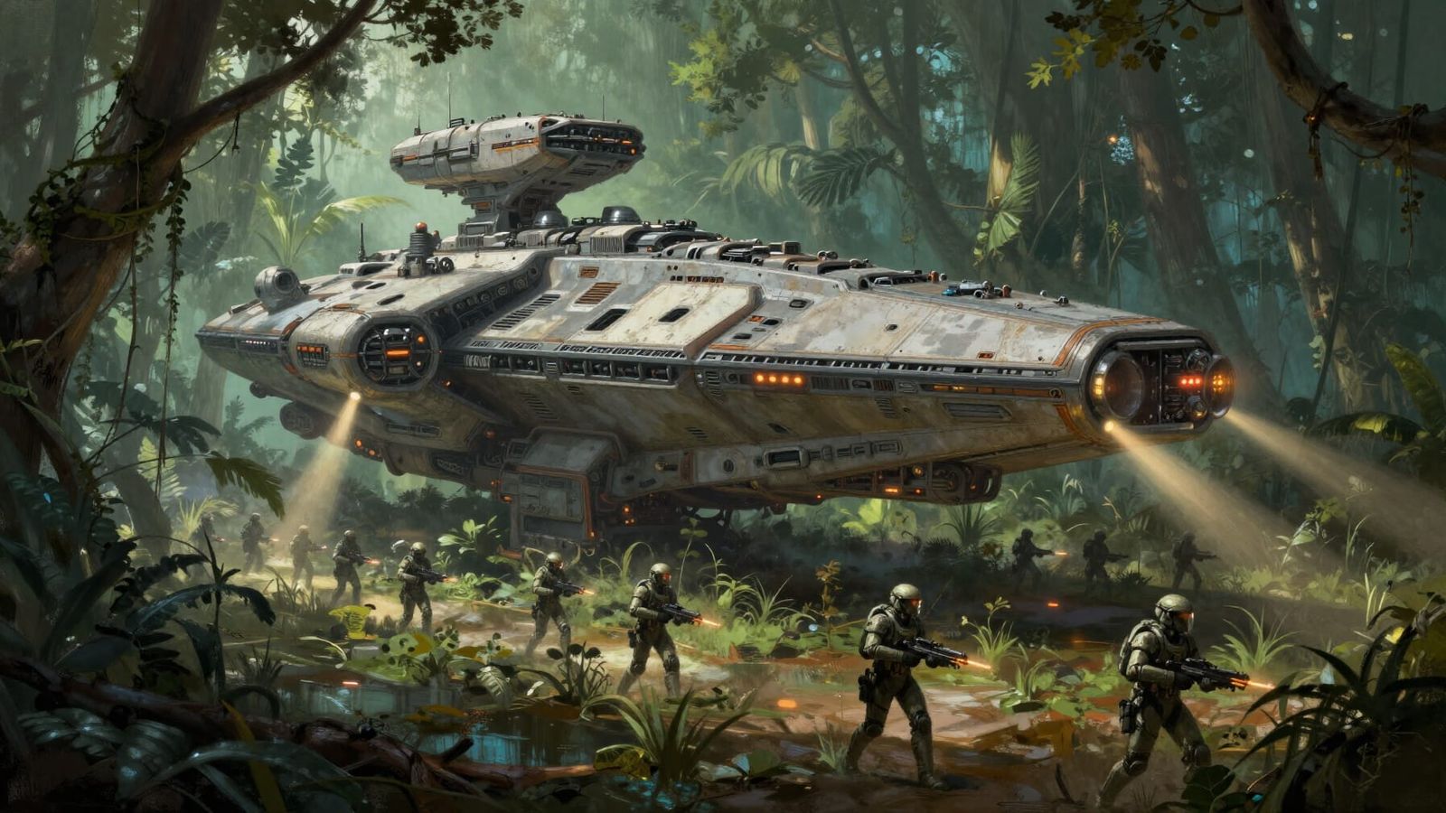 Sci-Fi War Cruiser Lands in Swamp with Troopers