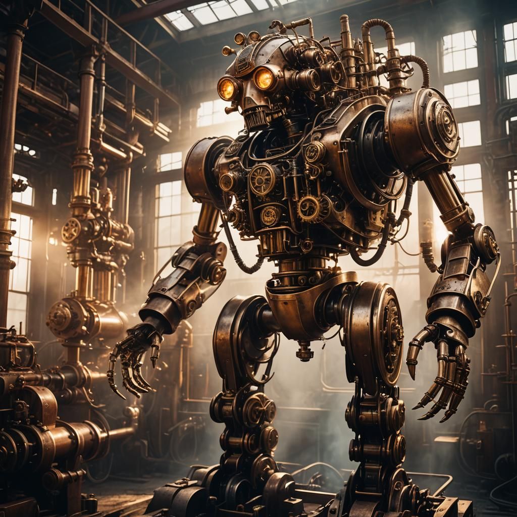 Steampunk Robot Amidst Industrial Engine Hiss