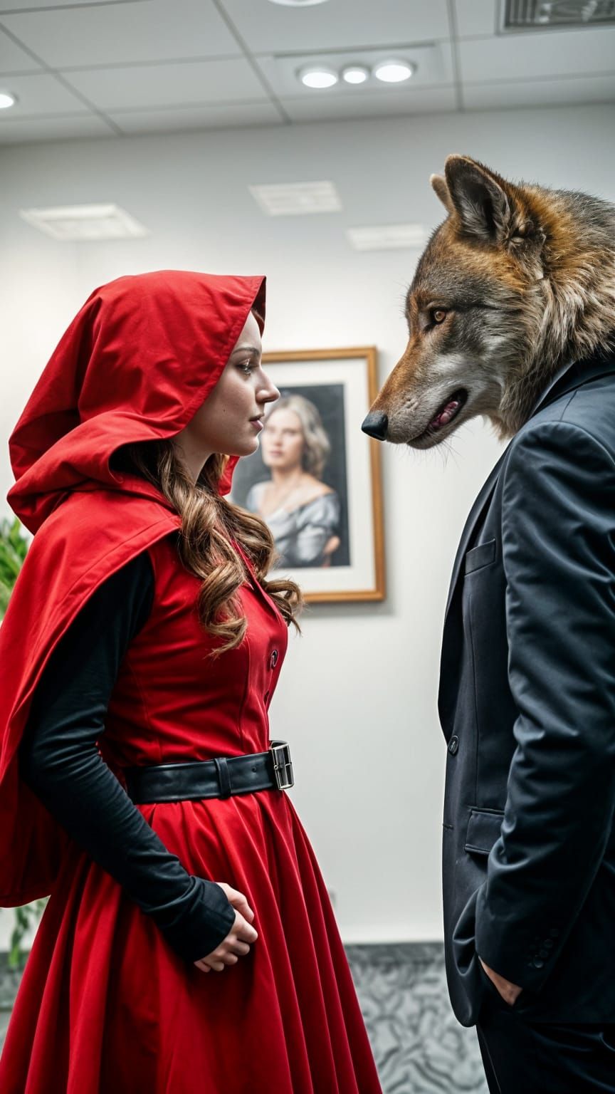 Little Red Riding Hood Confronts Wolf in Modern Office