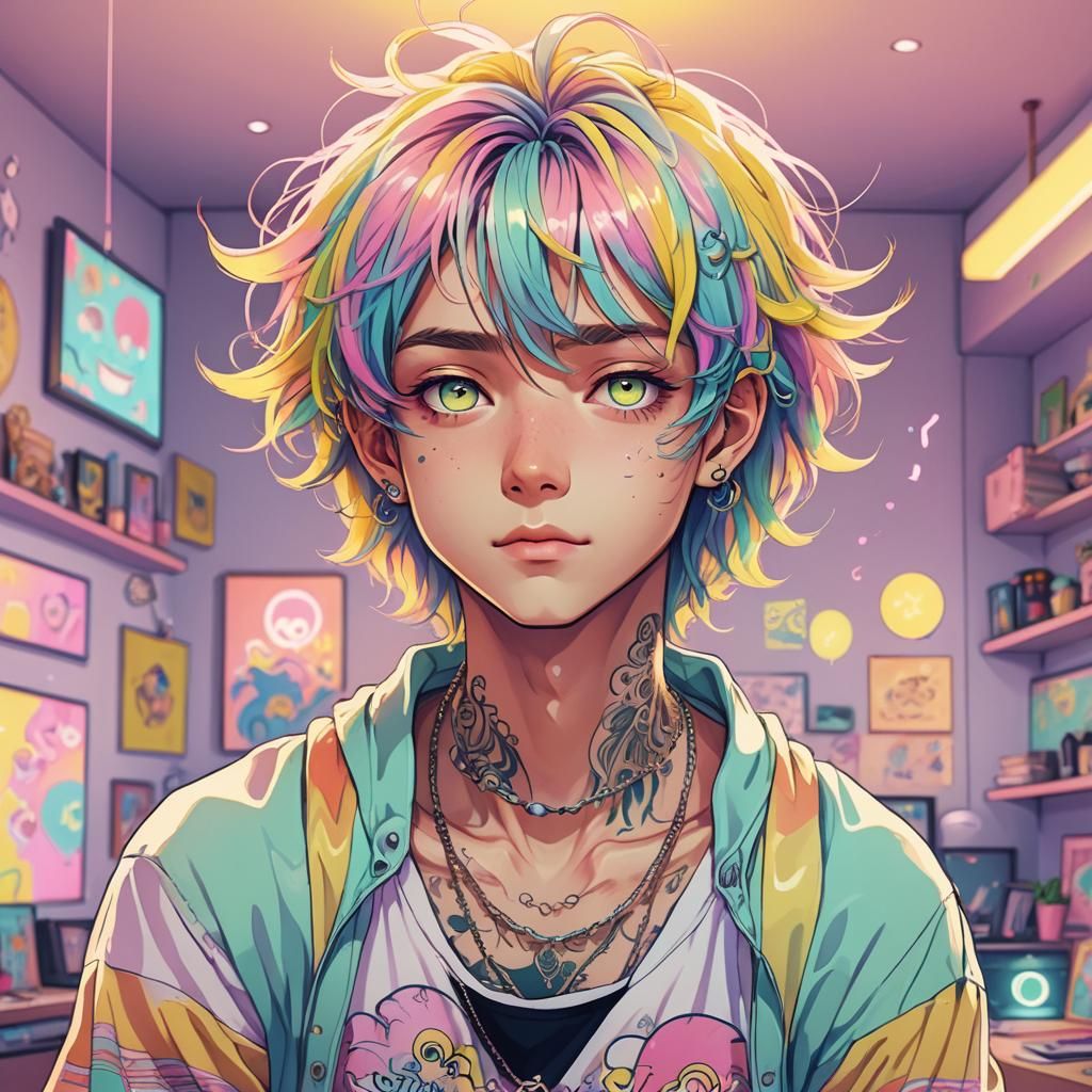 Anime Boy with Tattoos in Pastel Colors