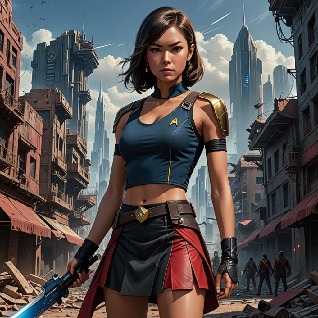 Anime Warrior Woman with Lightsaber in Ruined City