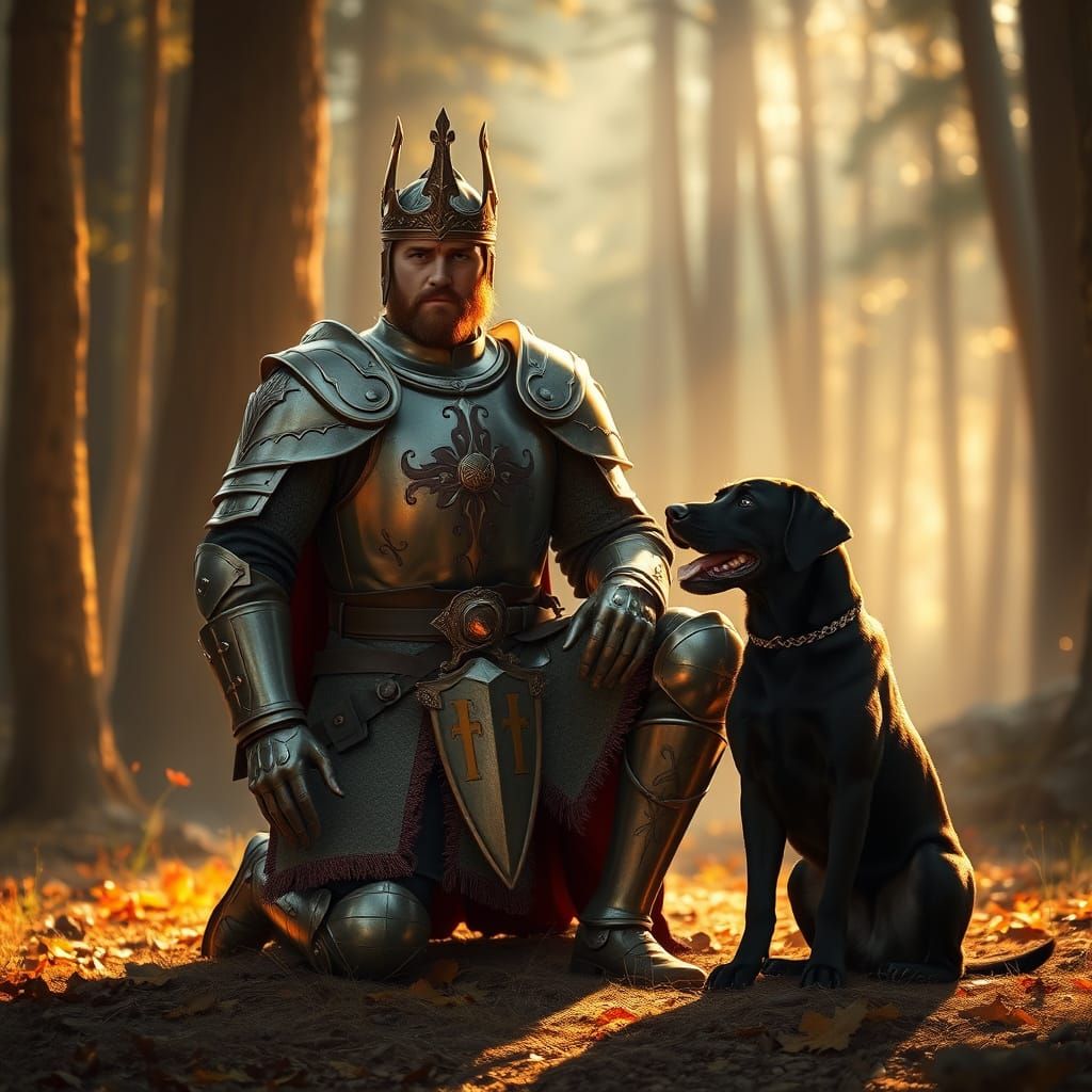 King Arthur Praying with Labrador, Realistic Style