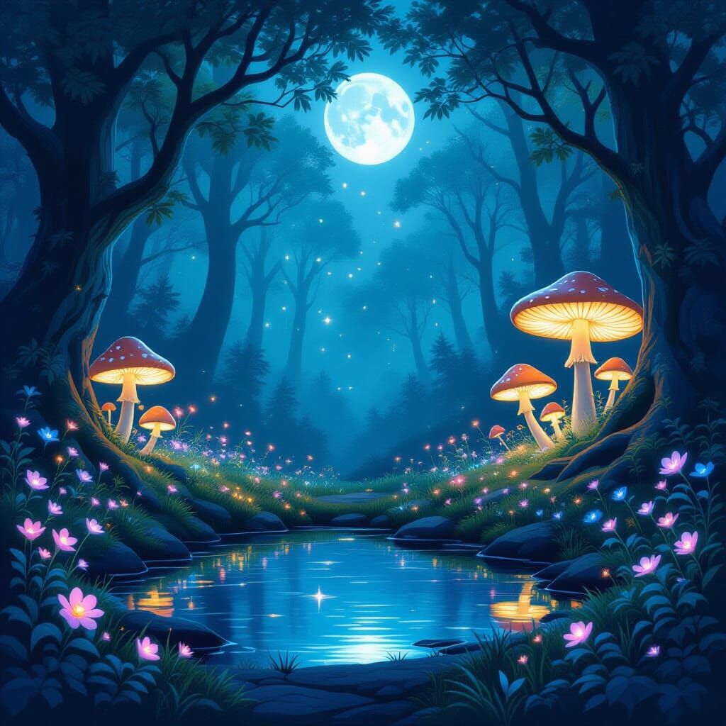 Mystical Forest Clearing Bathed in Moonlight
