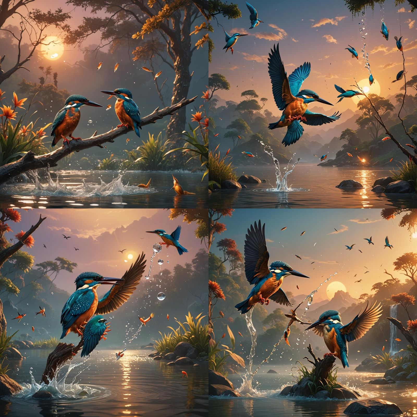 Kingfisher Bird Catching Fish at Sunrise