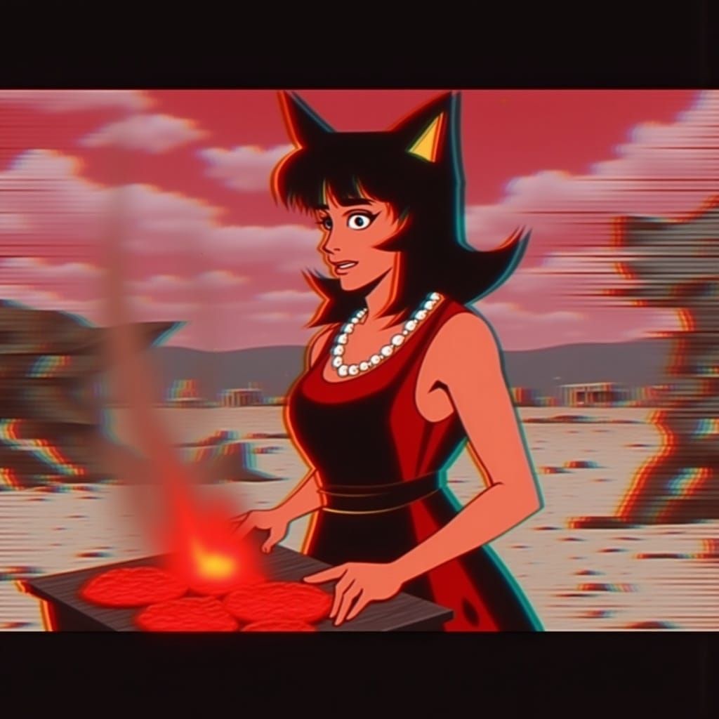 Wilma Flintstone Grilling Burgers in Glitched Anime Style