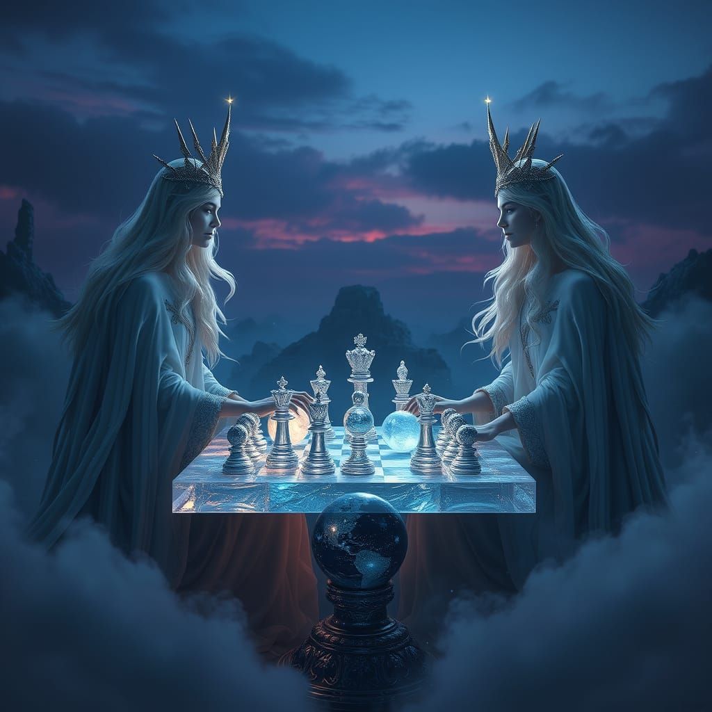 Mystical Goddesses Play Cosmic Chess with Glowing Planets