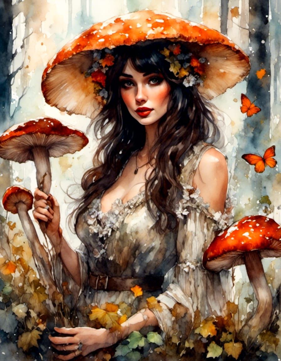 Fantasy Brunette Gathering Herbs in Forest, Gouache Style