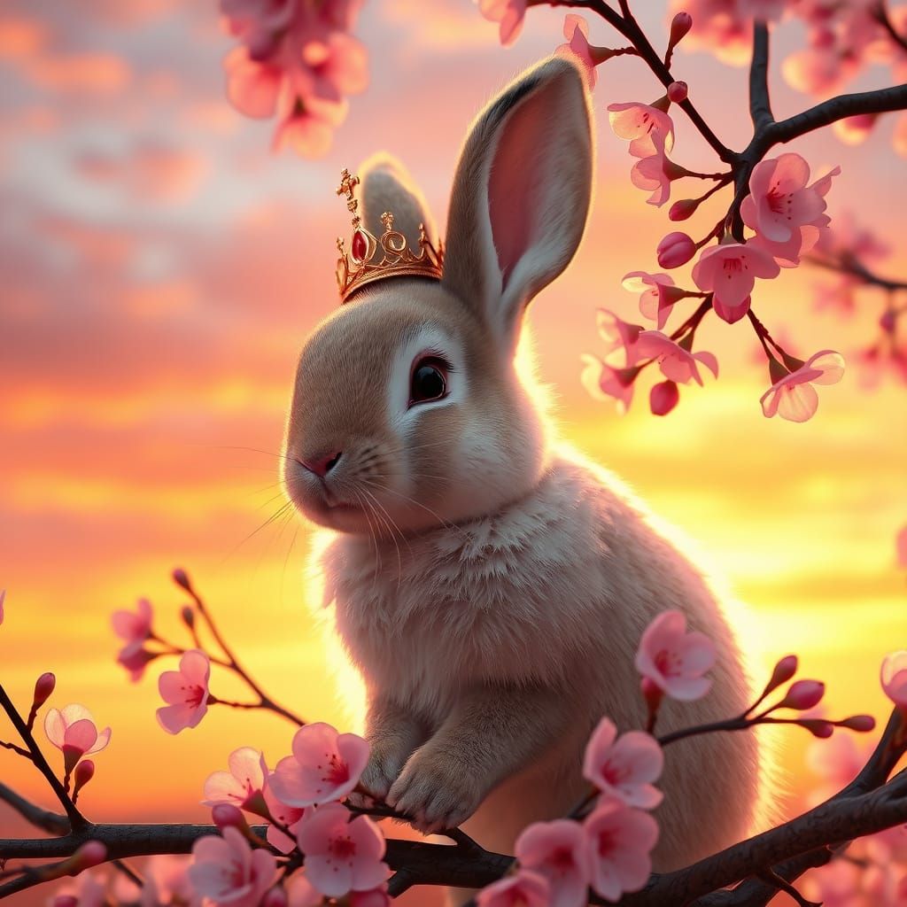 Regal Bunny in Cherry Blossom Tree Amidst Sunset Splendor