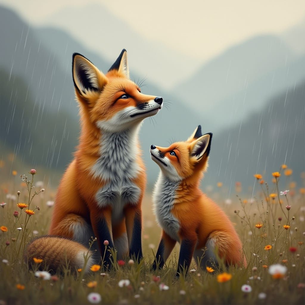Hyper-Realistic Fox Family Enjoying Gentle Rain
