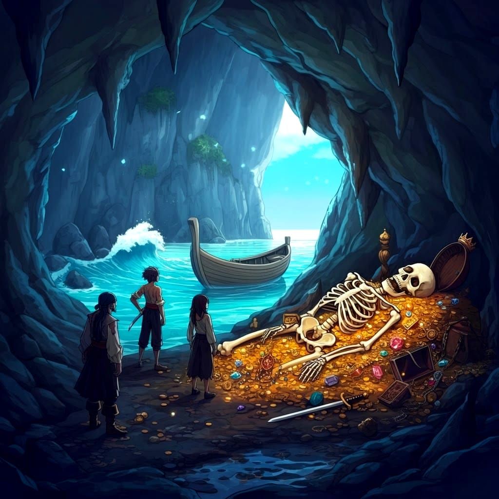 Pirates Find Treasure in Seaside Cave, Anime Style