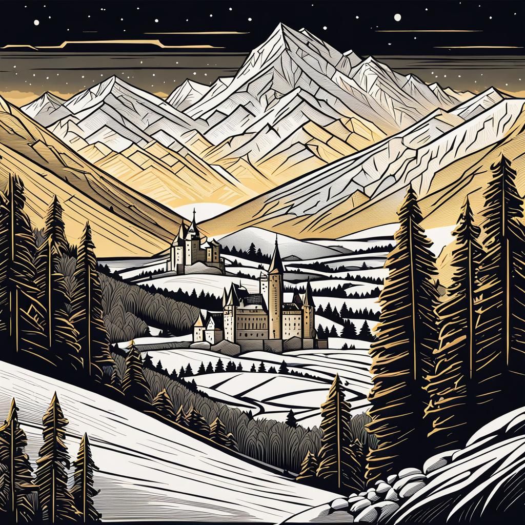 Alpine Landscape Linocut in Comic Book Style