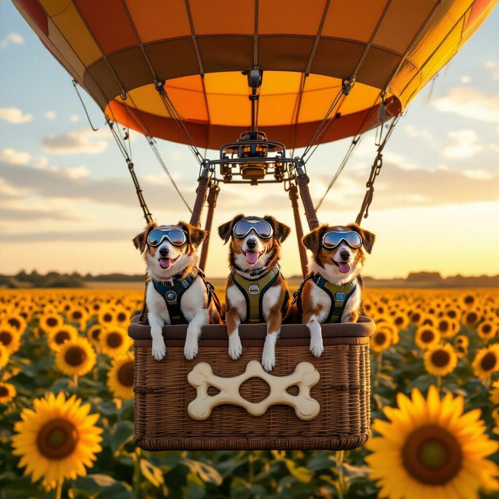 Dogs in Bone Balloon Over Sunflower Field, Photorealistic