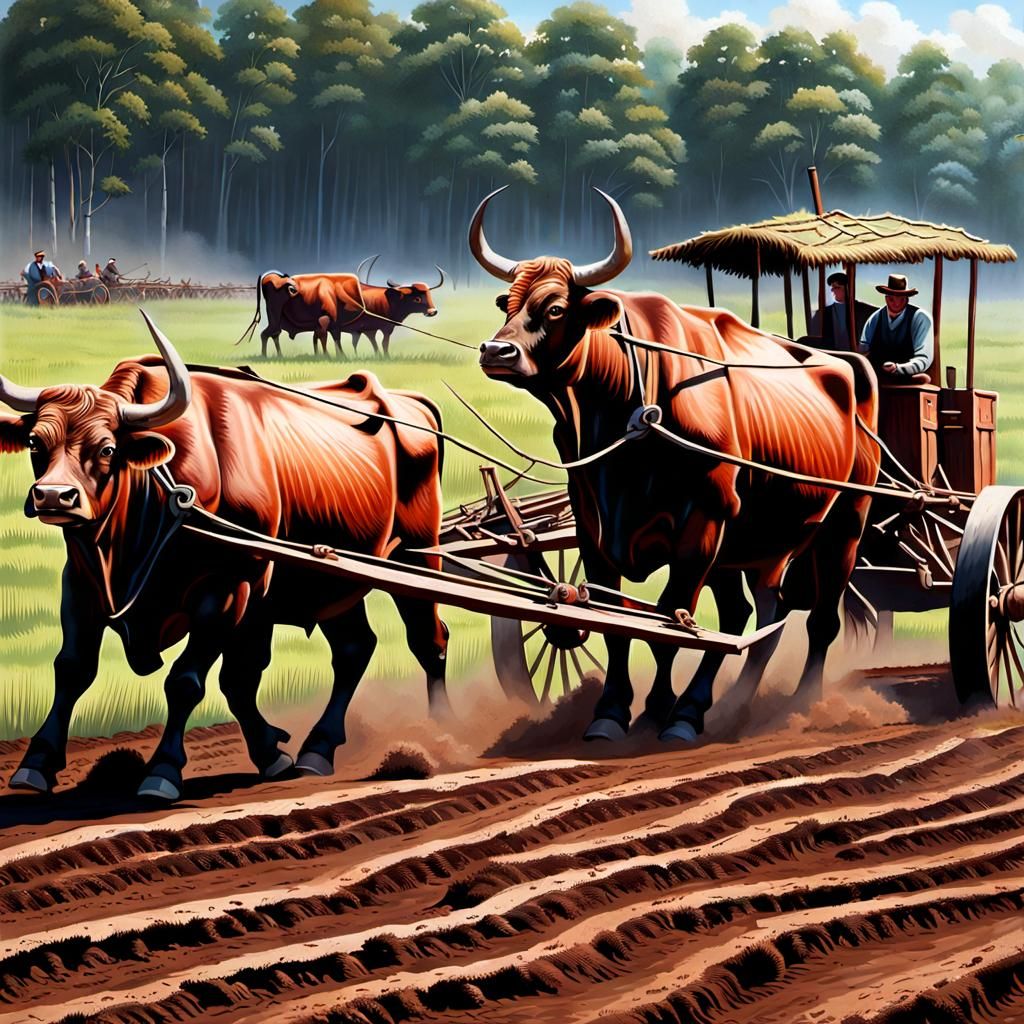 Oxen Pulling Plow in Field: 16k Realistic Detail