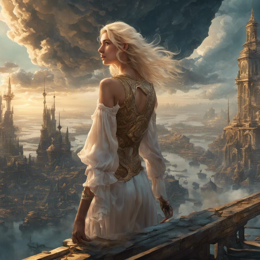 Fantasy Woman Watches End of World, Hyperdetailed Art