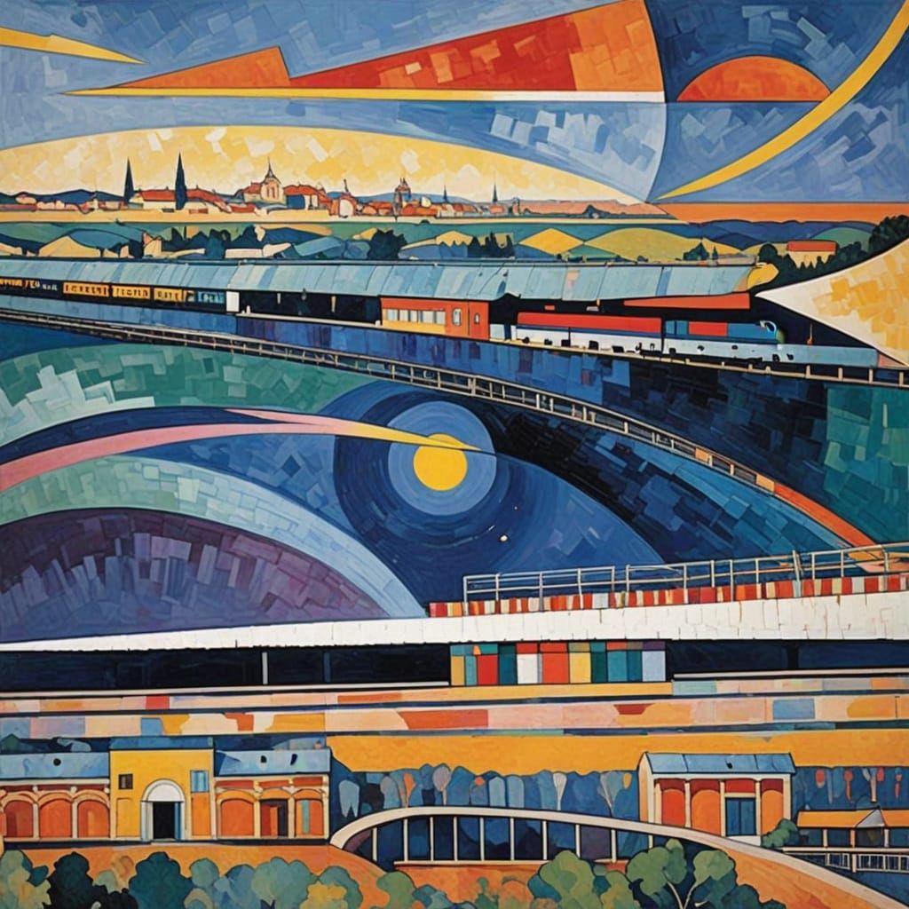 Abstract Geometric Painting Above Surreal Landscape