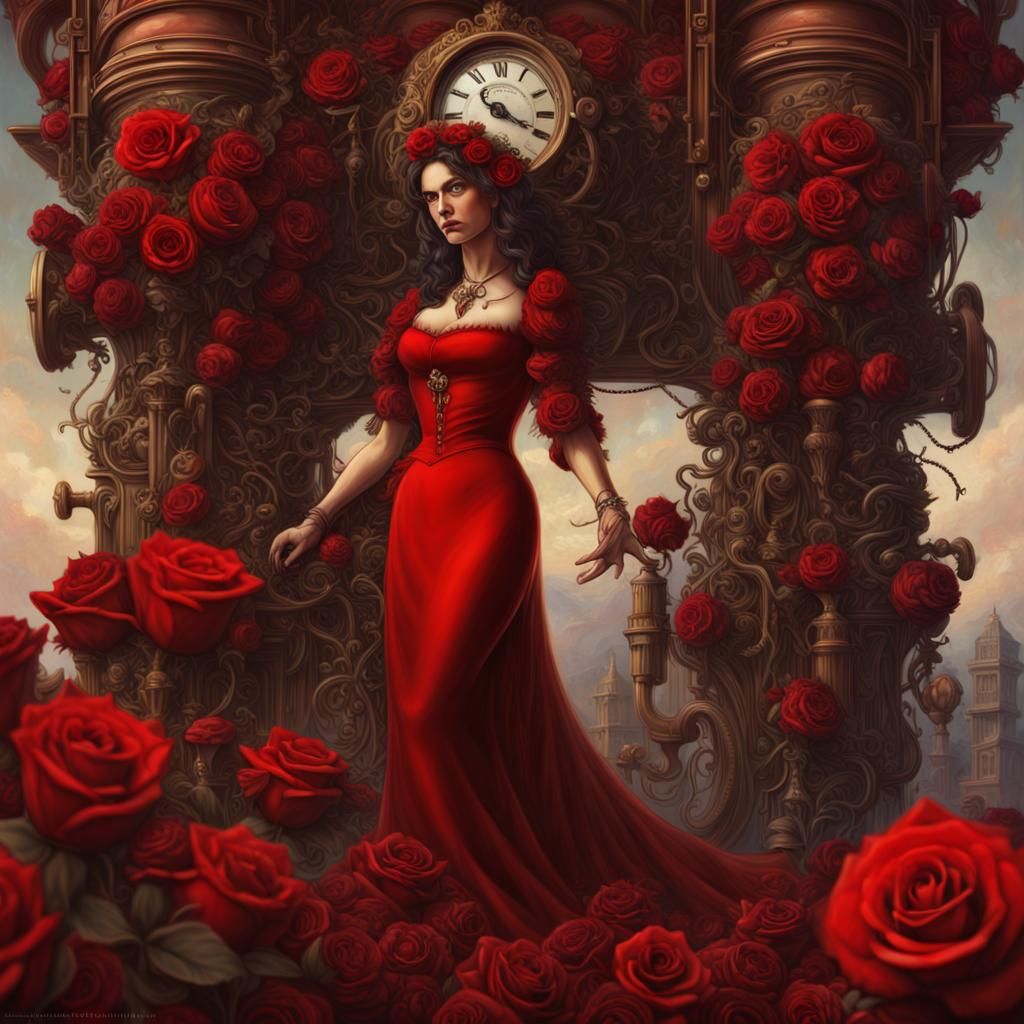 Dramatic Women in Red with Roses, Digital Painting