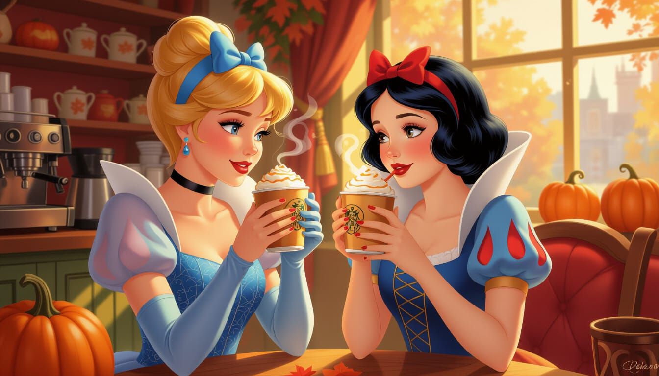 Cinderella & Snow White Sip Lattes In Enchanted Autumn Coffe...