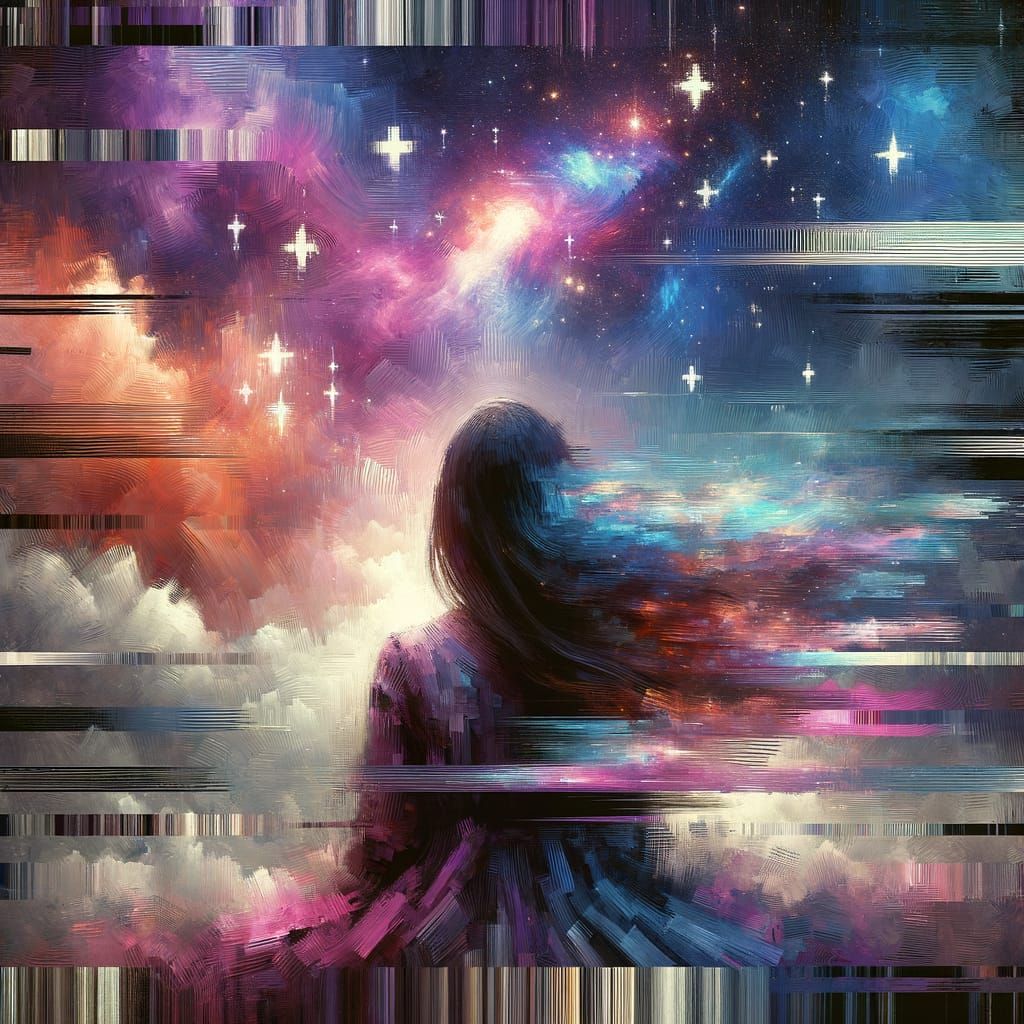 Cosmic Woman with Glitching Sky in Digital Impressionism