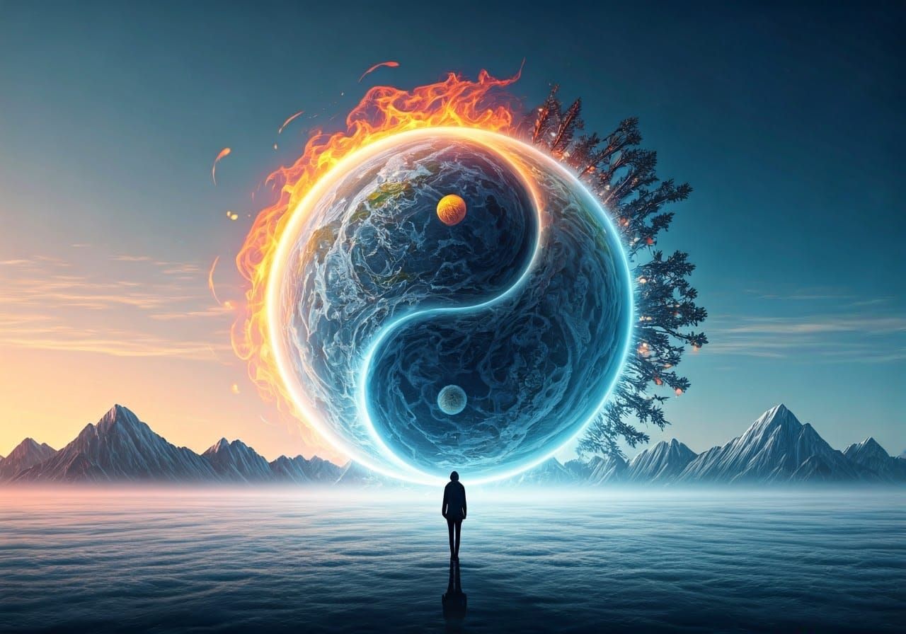 Ying and Yang Landscape in Pastel Watercolor