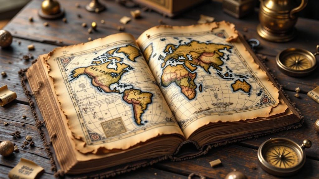 Old Books with Maps and Compass, Photorealistic Detail