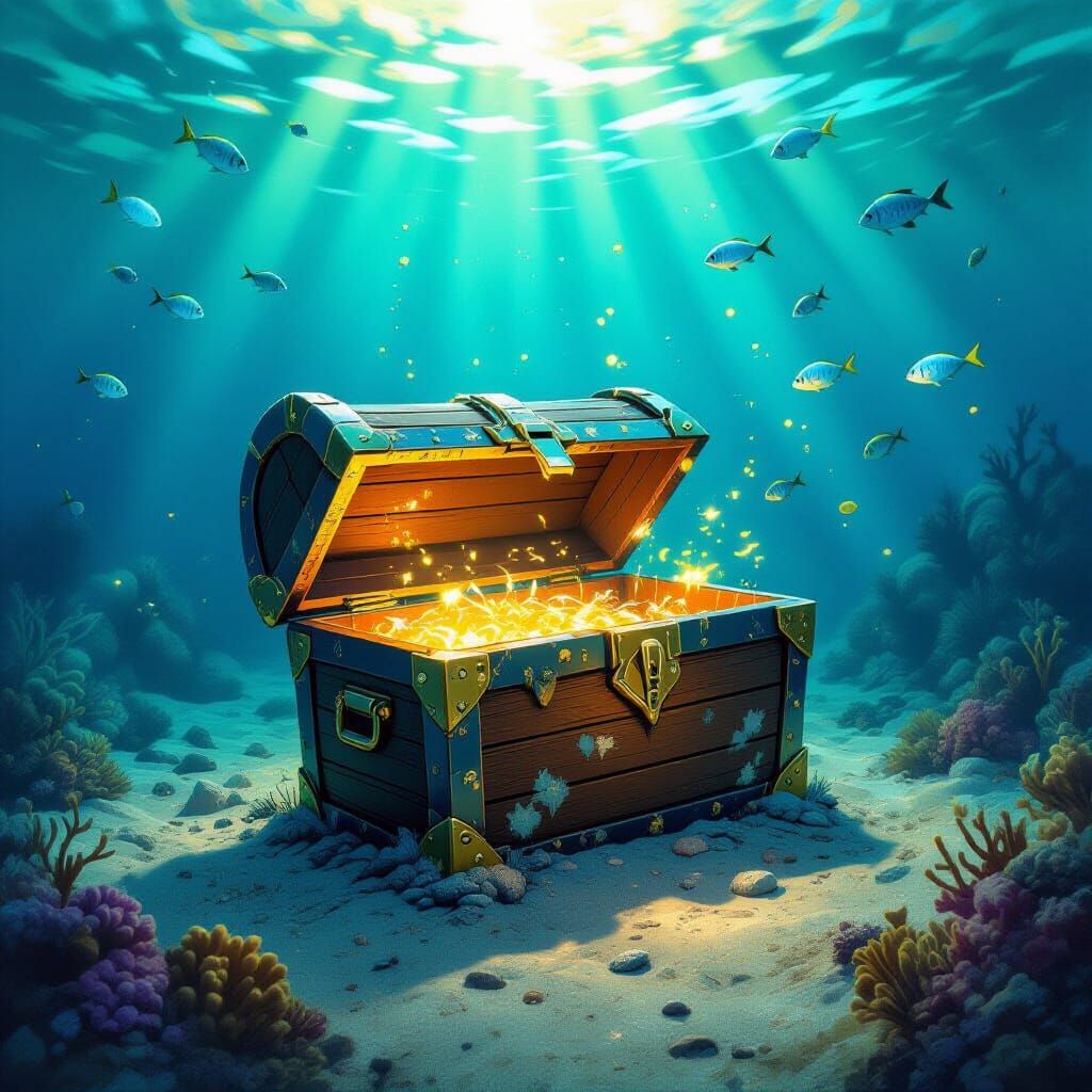 Treasure Chest on Seabed with Bioluminescent Fish