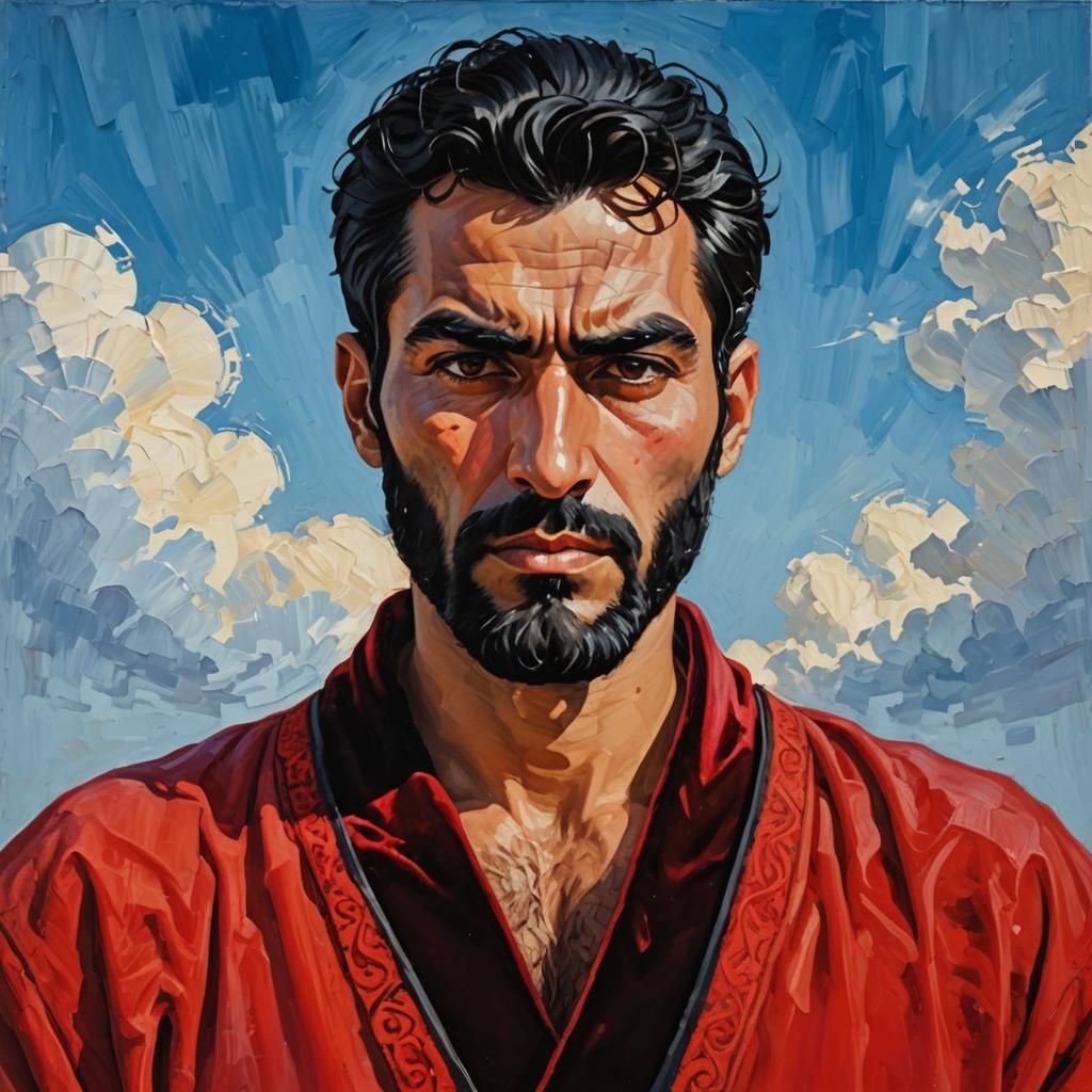 Proud Man in Red Velvet Robe: Impasto Gouache Portrait