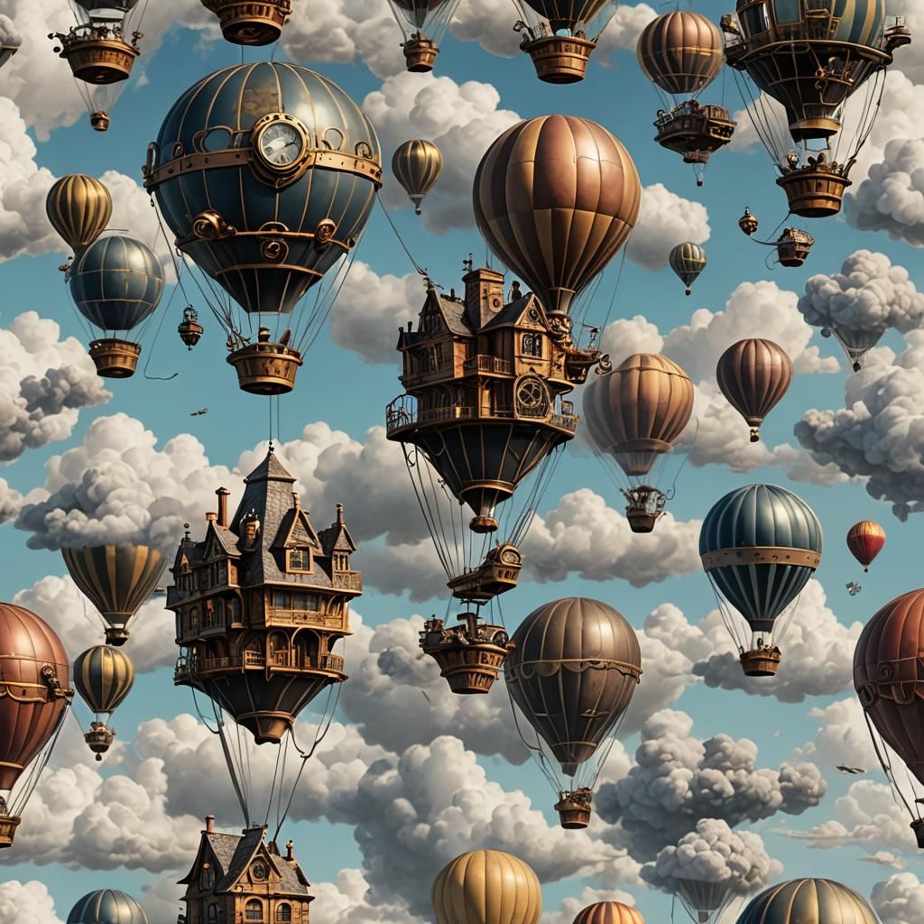 A floating Steampunk mansion hanging from a hot air balloon, in the clouds