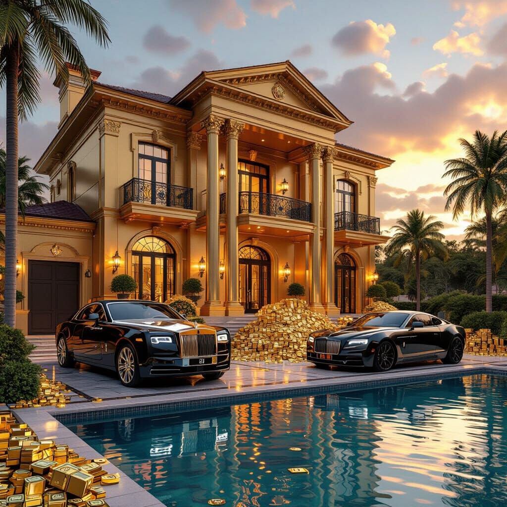 Opulent Gold Mansion with Luxury Cars and Infinity Pool