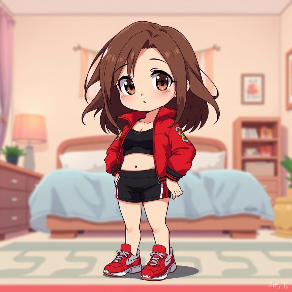 Adorable Chibi Woman in Red Jacket: Anime Wallpaper