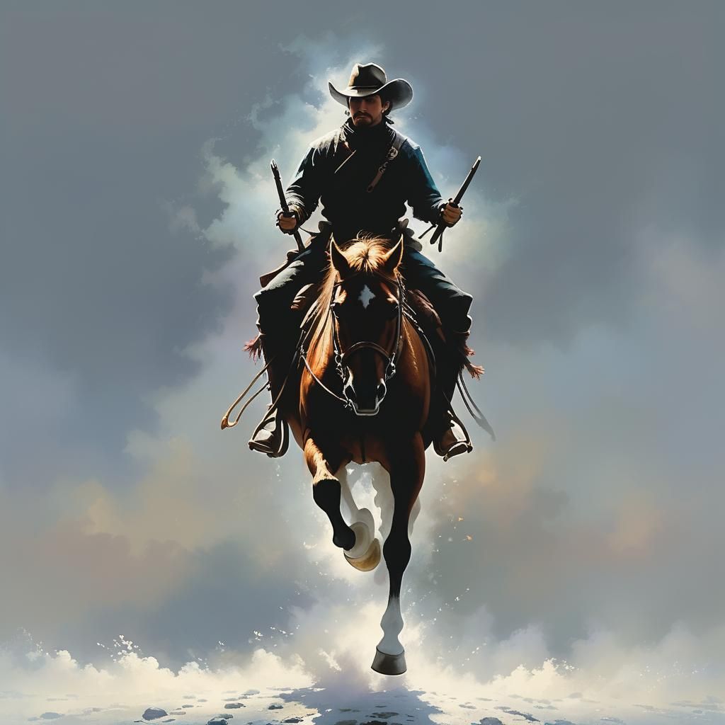 Ethereal Horse Rider in Misty Fantasy Landscape