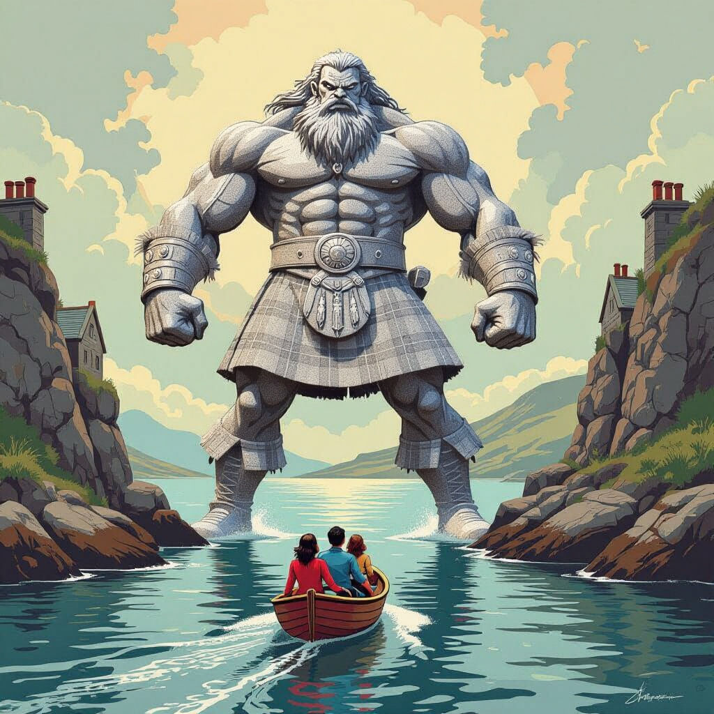 Giant Kilted Statue on Scottish Loch in Cartoon Style