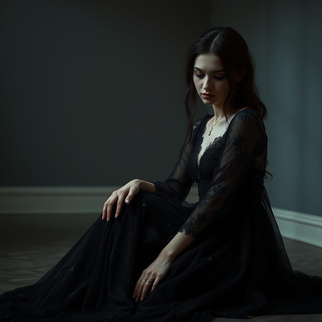 Solitary Woman in Empty Room: Photorealistic Detail