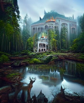 Cosmic Palace in Forest: Holographic Astral Illustration