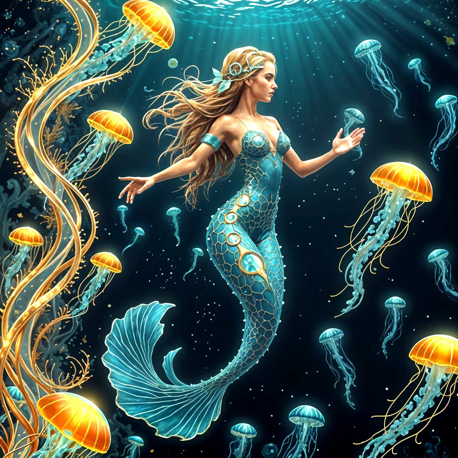 Cosmic Mermaid Surrounded by Glowing Jellyfish in Bioluminis...