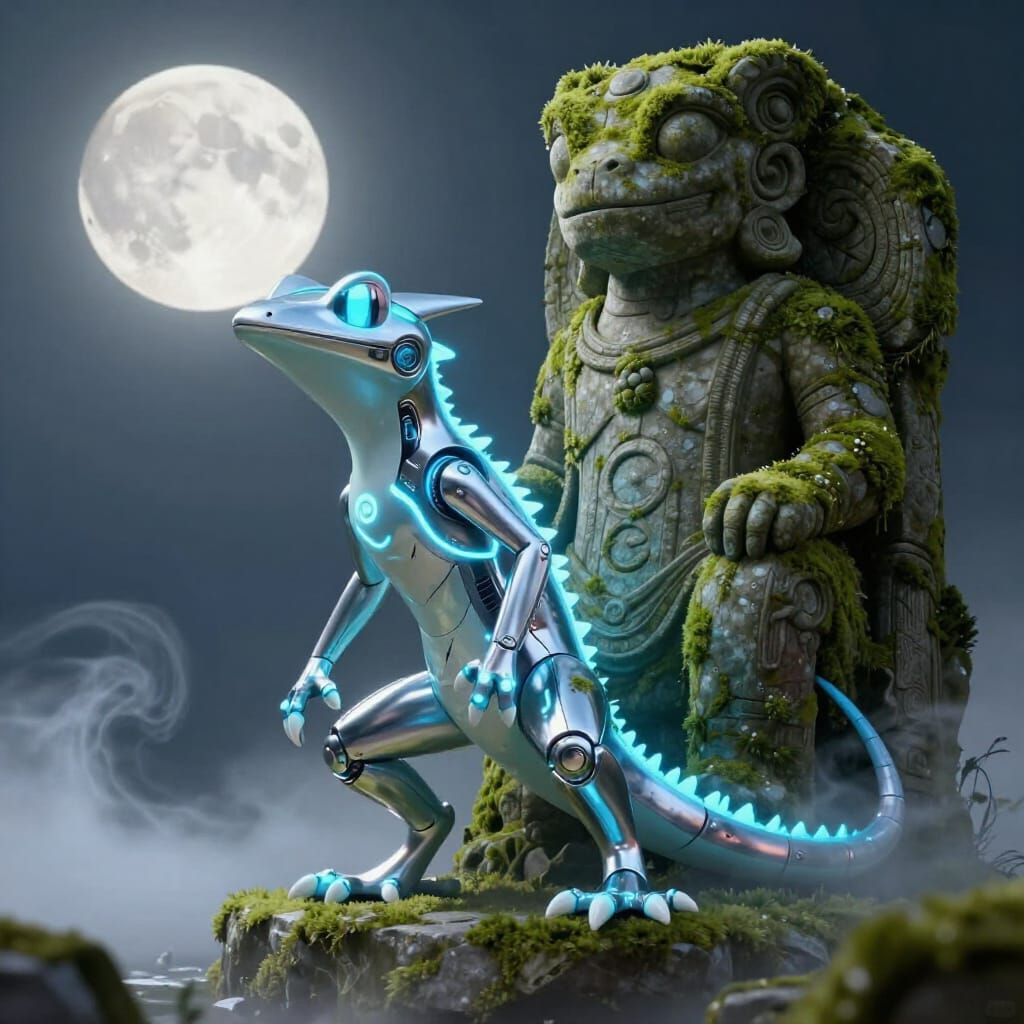 Futuristic Gecko Pokémon Beside Ancient Statue