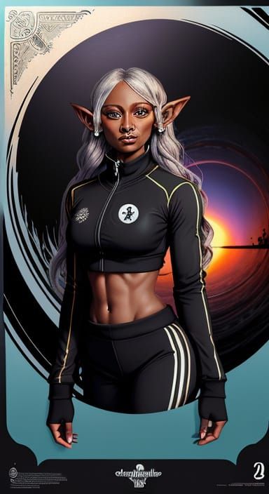 Steampunk Drow Elf in Black Hole Beach Landscape