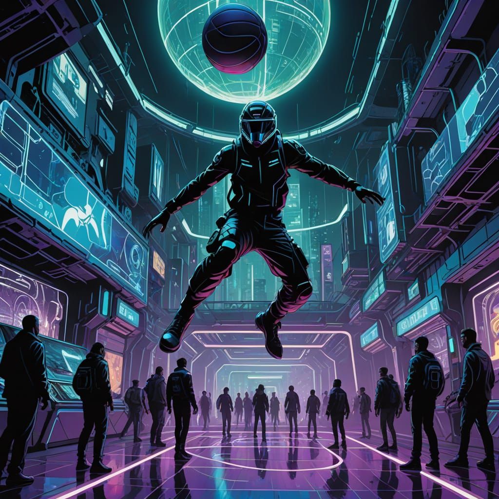 Cyberpunk Basketball Player Dunks in Futuristic Arena
