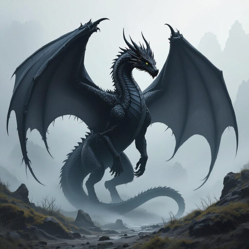 Majestic Black Dragon in Mystical Landscape