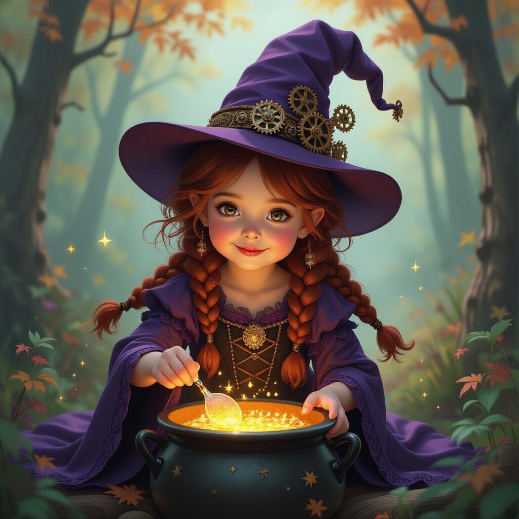 Baby Witch Stirring Cauldron in Enchanted Forest