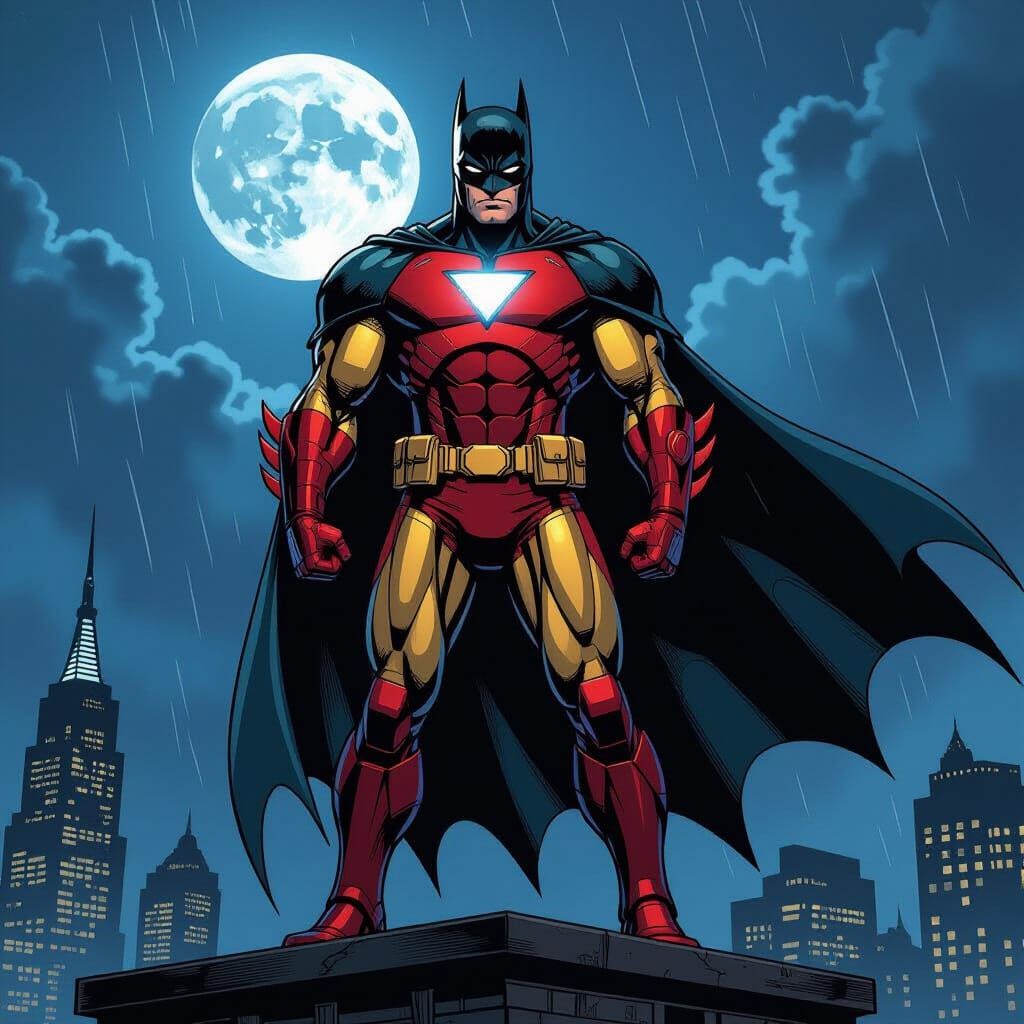 Fused Superhero: Iron Man Batman Hybrid on Gotham Rooftop